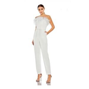 NEW NWT Mac Duggal 68146 White Feathered Jumpsuit size 0